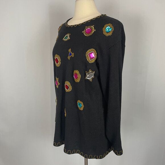 Vintage Sweater Womens Size Medium Black Rhinestone Embellished Bling Party 80s - Picture 8 of 13